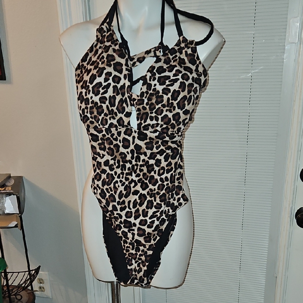Time and Tru Leopard Print Halter Bodysuit